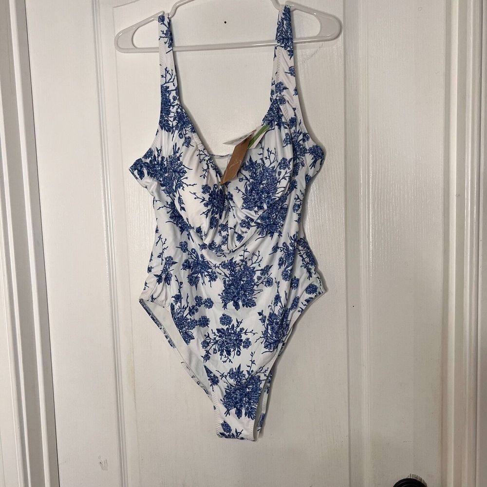Berlook Womens Swimsuit 2XL Blue Tie‎ Floral One Piece Swimwear Stretch NWT - Picture 3 of 9